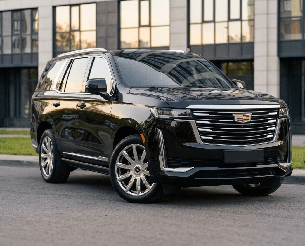 Vue extérieure avant trois-quarts de la Cadillac Escalade ESV devant un bâtiment moderne en verre