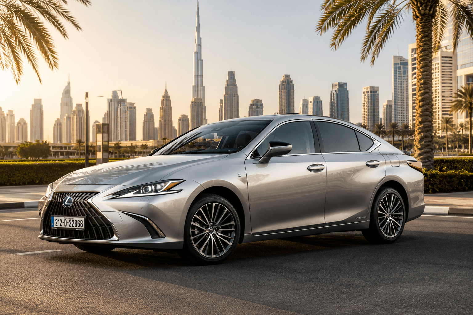 Vue extérieure avant trois-quarts de la Lexus ES 300h avec la skyline de Dubaï et le Burj Khalifa en arrière-plan