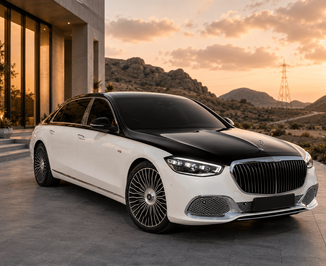 Vue extérieure avant trois-quarts de la Mercedes-Maybach Classe S garée devant une villa moderne au coucher du soleil