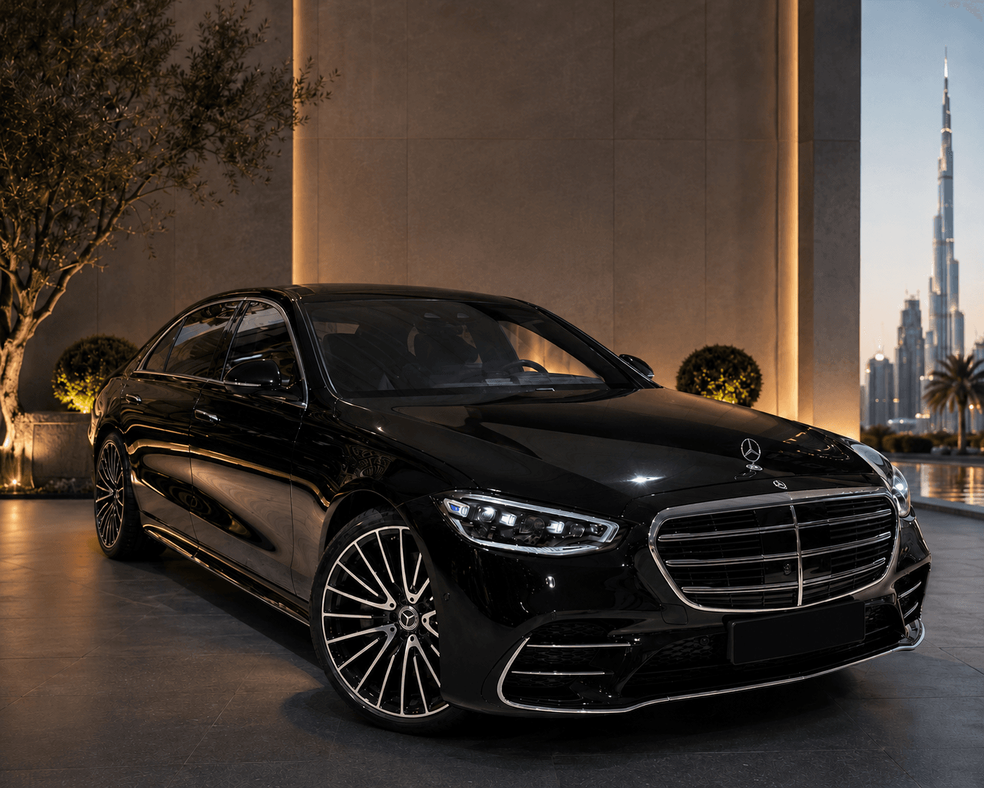 Vorderansicht der Mercedes-Benz S-Klasse von schräg vorne mit der Burj-Khalifa-Skyline in der Dämmerung