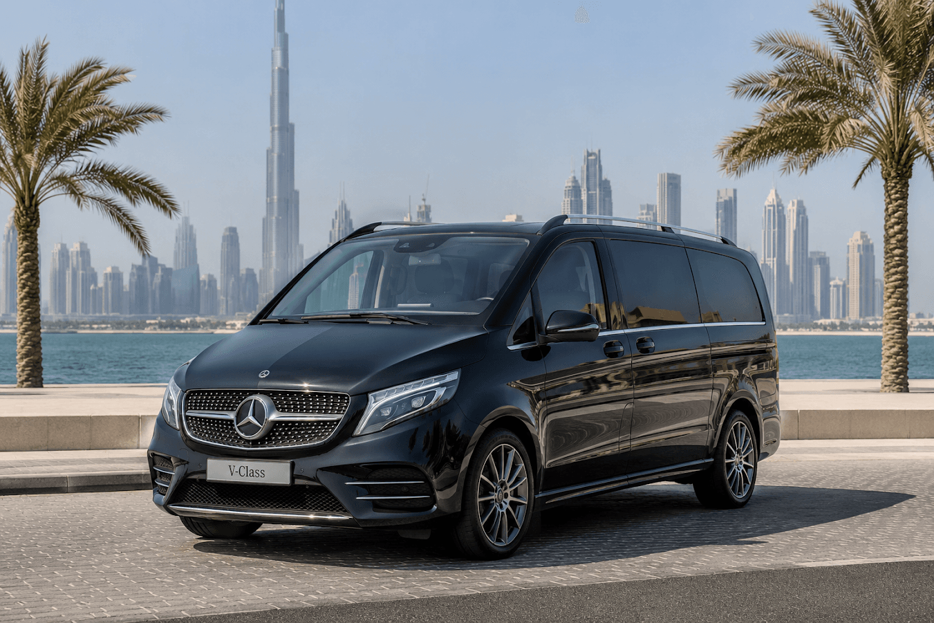 Vorderansicht der Mercedes V-Klasse von schräg vorne entlang der Dubai Marina mit dem Burj Khalifa im Hintergrund