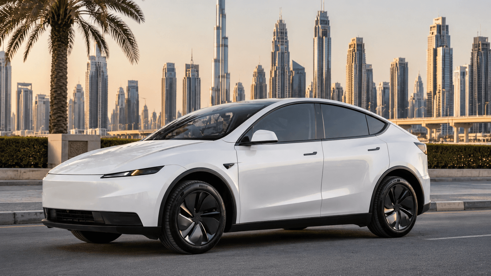 Vue extérieure avant trois-quarts de la Tesla Model Y avec la skyline de Dubaï en arrière-plan