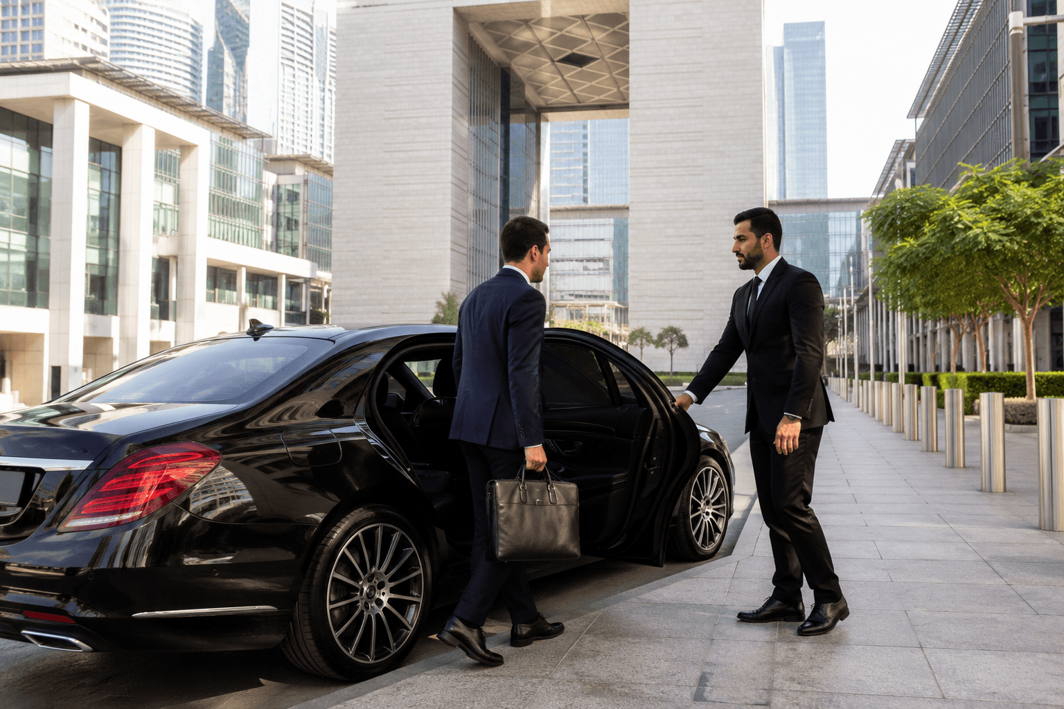 Corporate executive entering luxury chauffeur driven Mercedes sedan outside DIFC financial district Dubai, modern skyscrapers