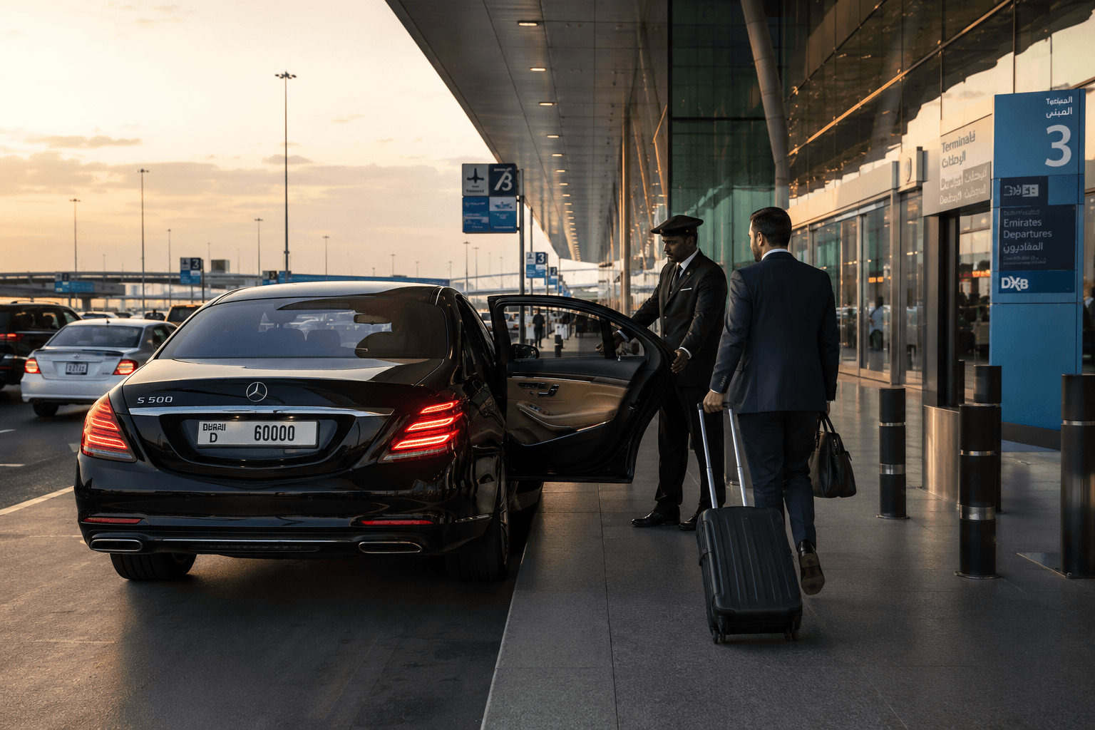 Luxury Mercedes S-Class arriving at Dubai International Airport terminal, chauffeur opening rear passenger door, business traveler with luggage
