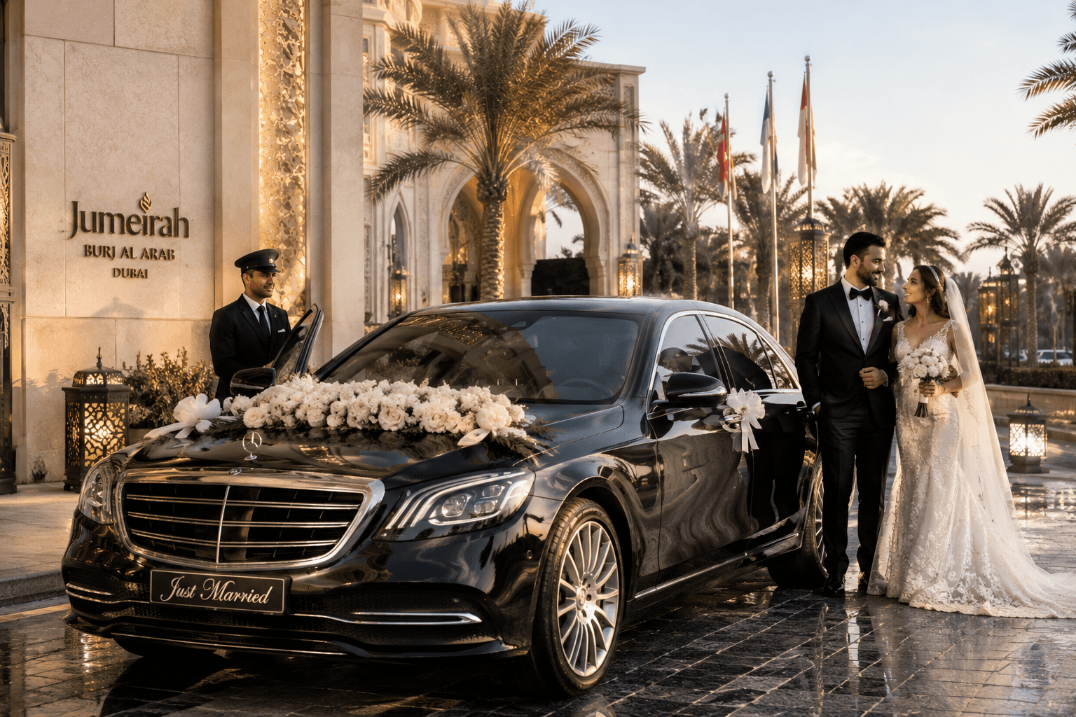 Elegant black luxury Mercedes with wedding decoration outside luxury Dubai hotel, bride and groom arriving, premium wedding transportation photography