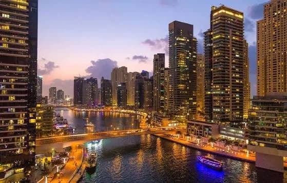 Dubai Marina skyline at dusk