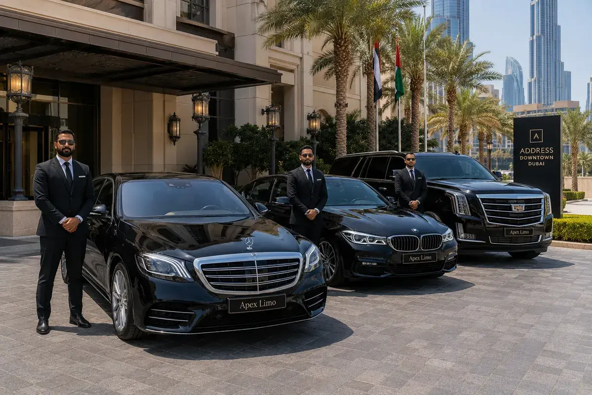 Three Apex Limo chauffeurs standing beside a Mercedes S-Class, BMW, and Cadillac Escalade outside a Dubai hotel, ready for event transportation