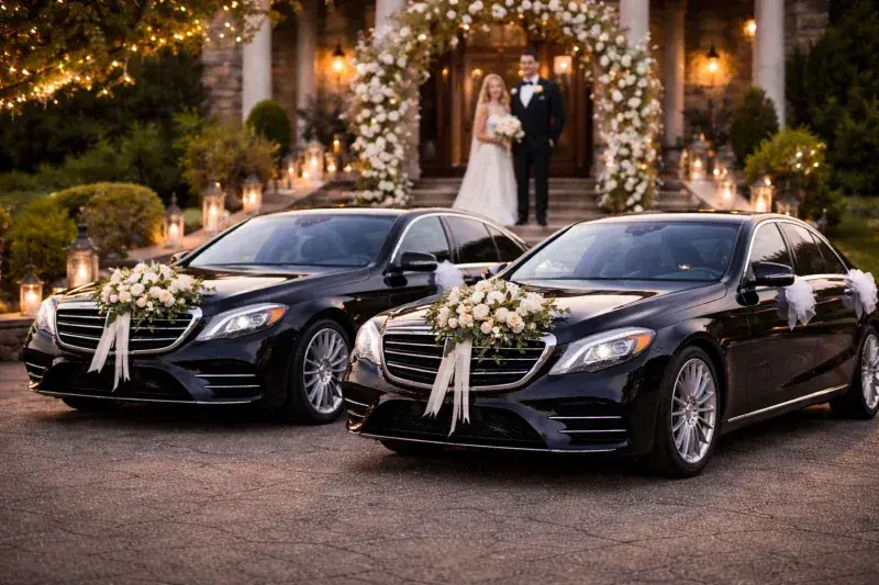 Two black Mercedes S-Class wedding cars decorated with floral arrangements, with the bride and groom in the background