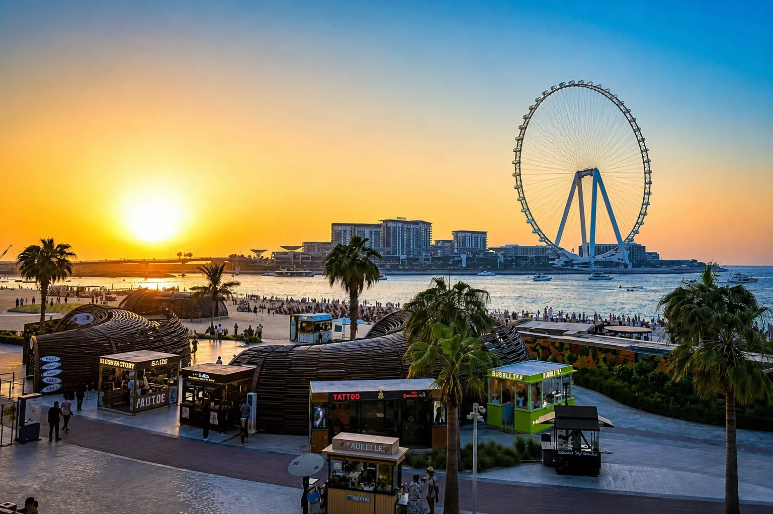Sunset at JBR beach with Ain Dubai observation wheel and The Beach promenade